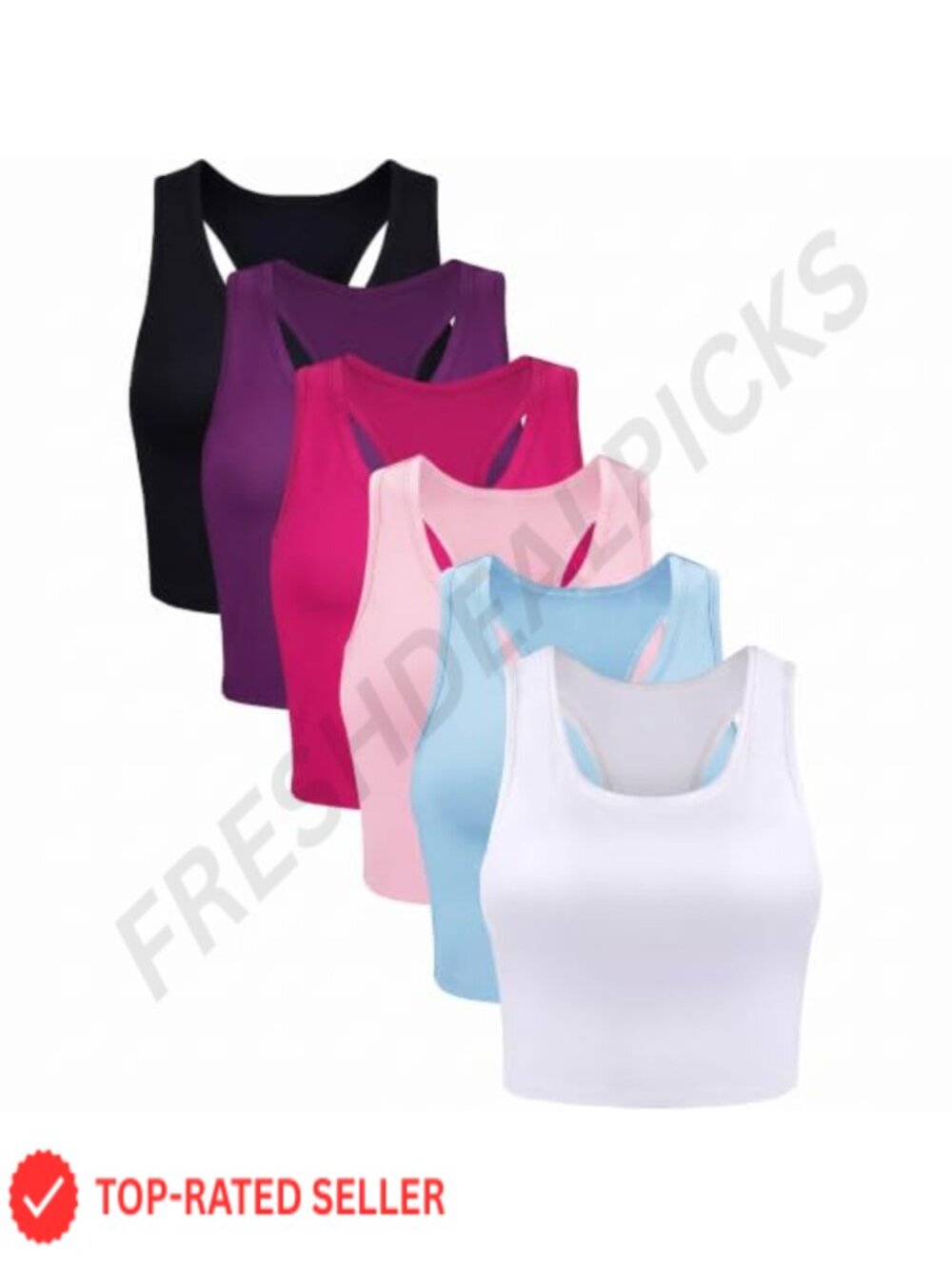 Basic Racerback Crop Tank Tops 6 Pc Cotton Spandex Fitted Sleeveless Gym Yoga